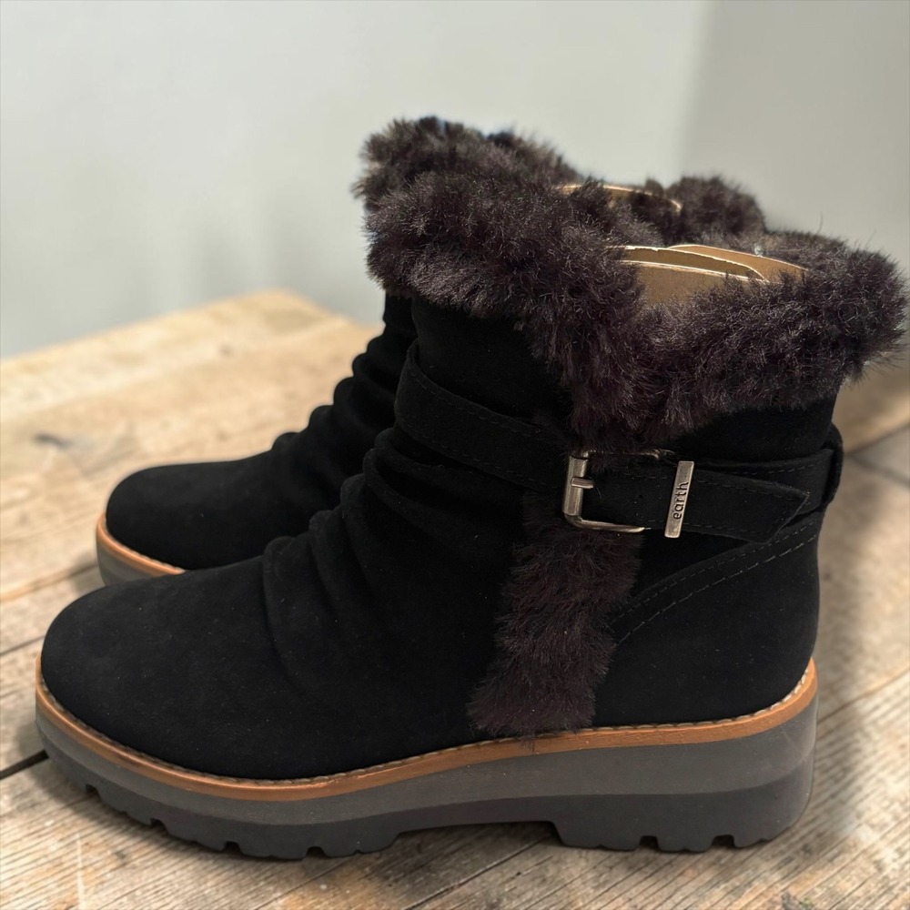 Earth Womens Yara Waterproof Suede Black Faux Fur Trim Ankle Boots Lug Sole 8M